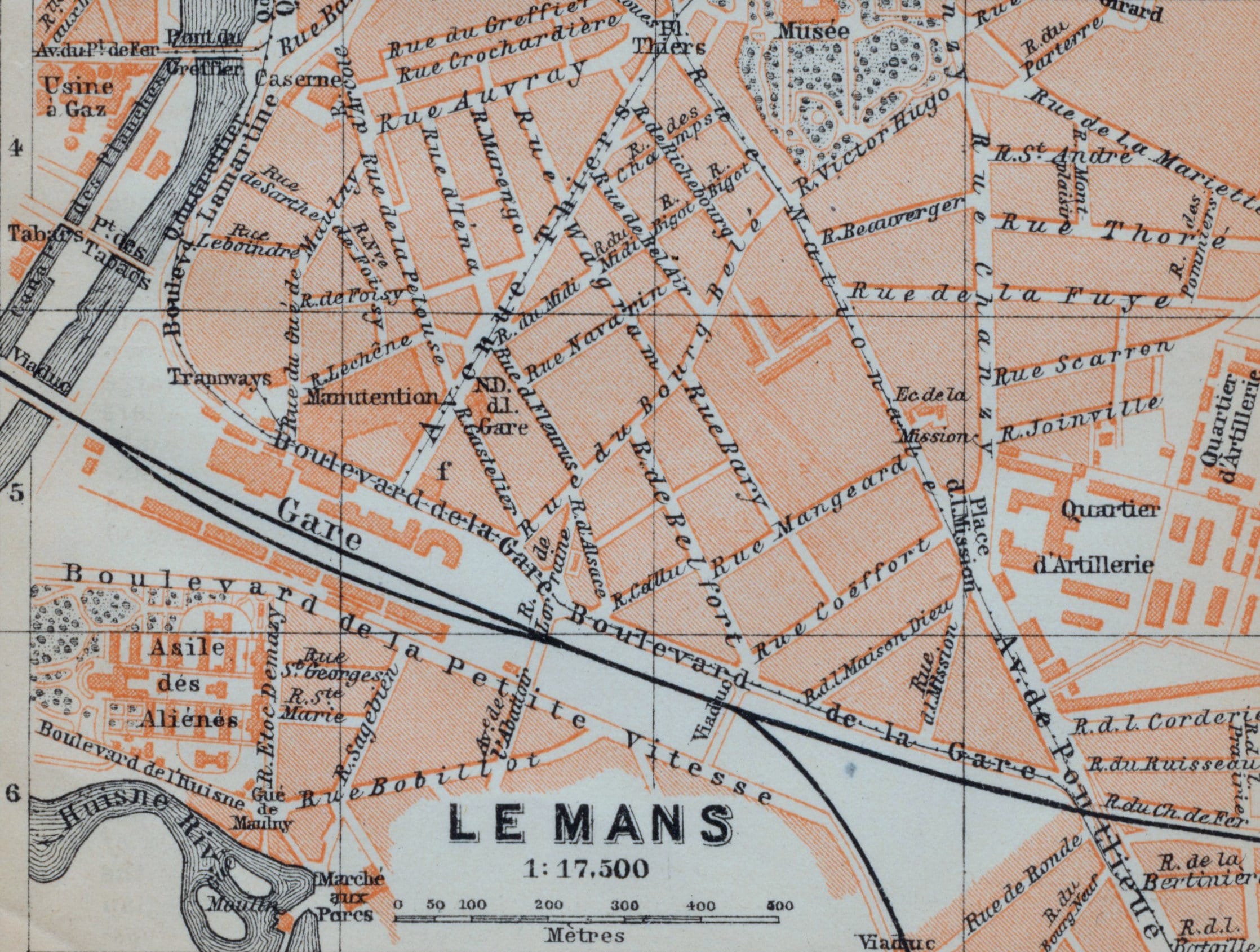 フランス、ルマンのアンティーク地図 - 1905 年のヴィンテージ市街地図