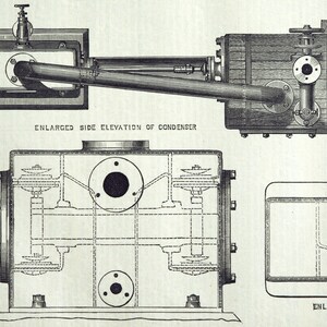 May include: A black and white line drawing of a condenser for a steam engine. The drawing shows an enlarged side elevation of the condenser and an enlarged plan view. The text "ENLARGED SIDE ELEVATION OF CONDENSER" and "ENLARGED PLAN" are visible in the image.