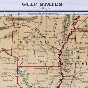 Carte ancienne des États du Golfe des États-Unis de 1866 - Carte ancienne des États-Unis - Carte coloriée à la main