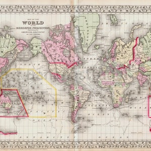 Grande carte du monde Mitchell antique colorée à la main de 1867 sur projection Mercator