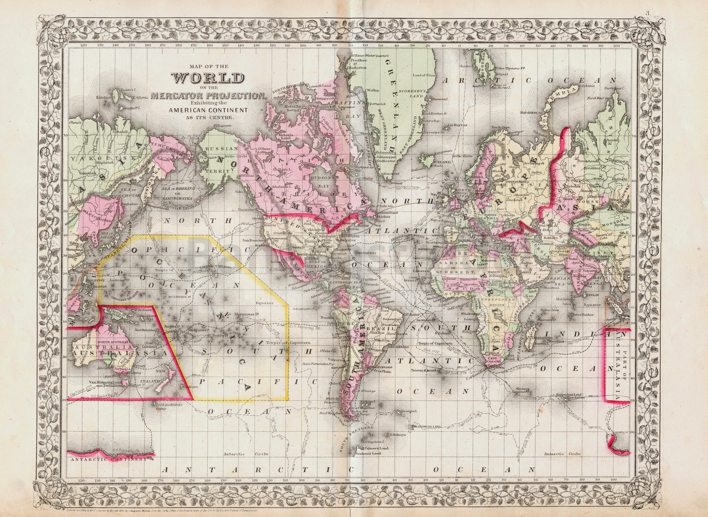 1867年 メルカトル図法によるミッチェルの世界地図