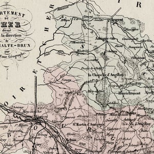 1800er Jahre antike Karte von Cher, Frankreich - Einschub von Bourges - Französische Karte - Handkolorierte Karte