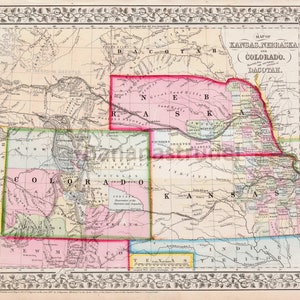 Ancienne carte de 1867 coloriée à la main par Mitchell du Kansas, du Nebraska, du Colorado et de la partie sud de Dacotah (Dakota)