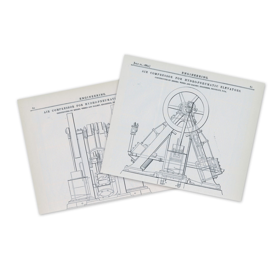 1882 Antique Prints of an Air Compressor for Hydro-pneumatic Elevators ...