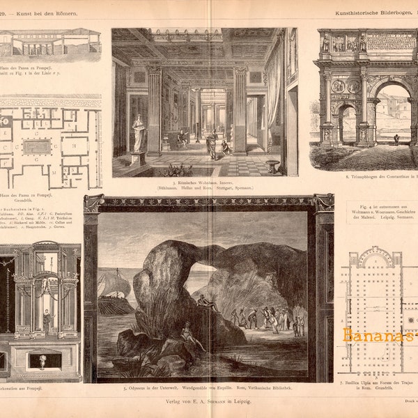 Antique Print on Roman Art and Architecture - Roman Homes - Arch of Constantine - Trajan's Column - Plate 29