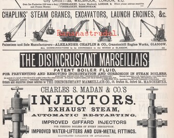 Page of Antique Advertisements for Refrigeration Machinery, Excavators, Disincrustants, Injectors - Published 1889