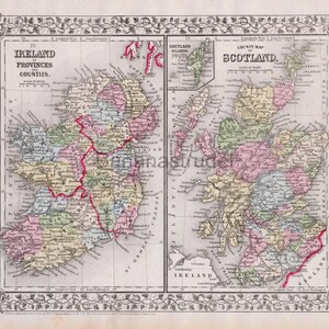 Carte Mitchell ancienne de 1867 de l'Irlande et de l'Ecosse coloriée à la main