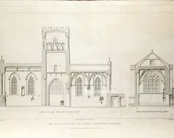 1845 Antique Architecture Print - English Antique Engraving of the Church of St. John the Baptist, Bishoptstone, Lincolnshire, UK