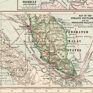 May include: A vintage map of the Straits Settlements and Federated Malay States, showing the location of Penang, Singapore, and other major cities. The map is printed in shades of green, blue, and brown, with red lines indicating major shipping routes.