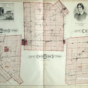 Carte ancienne de 1878 des cantons d'Artemesia, Glenelg et Osprey, Ontario - grande carte coloriée à la main