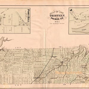 1880 Große seltene Vintage-Karte von Lot 13, Prince County, PEI. Mit Einsätzen von Tyne Valley und Port Hill - Handcoloriert