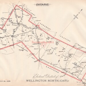 Puede incluir: Mapa antiguo de Wellington North, Ontario, Canadá, de 1891. El mapa presenta el distrito electoral delineado en rojo, con nombres de lugares y carreteras. El texto "Population - Census of 1891..." es visible en la parte inferior.