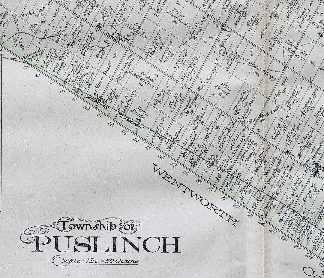 1906 Rare Large Antique Map of Puslinch Township, Wellington County
