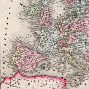 Ancienne carte Mitchell coloriée à la main de l'Europe, 1867 - Divisions géopolitiques