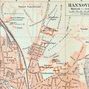 Carte antique de Hanovre, Allemagne - Carte de Hanovre allemande vintage de 1895