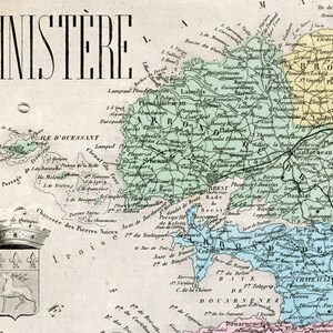 1883 Antike Landkarte von Finistere, Frankreich - Handkolorierte - Vintage illustrierte Landkarte - alte Karte