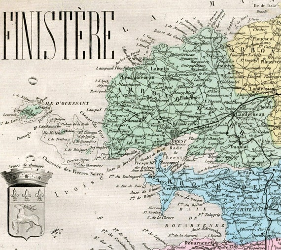 1883 Hand-colored Antique Map of Finistere France - Etsy