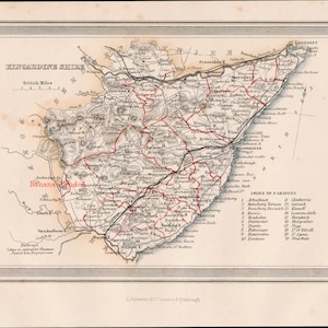 Carte ancienne du comté de Kincardine, en Écosse - Rare carte coloriée à la main de 1868