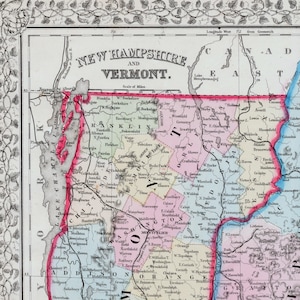 Ancienne carte du New Hampshire et du Vermont coloriée à la main, 1867