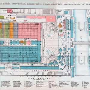 RAR 1878 Großer antiker Plan der Pariser Weltausstellung - Plan mit Raumaufteilung - Trocadero - Seine - 3.Mai 1878