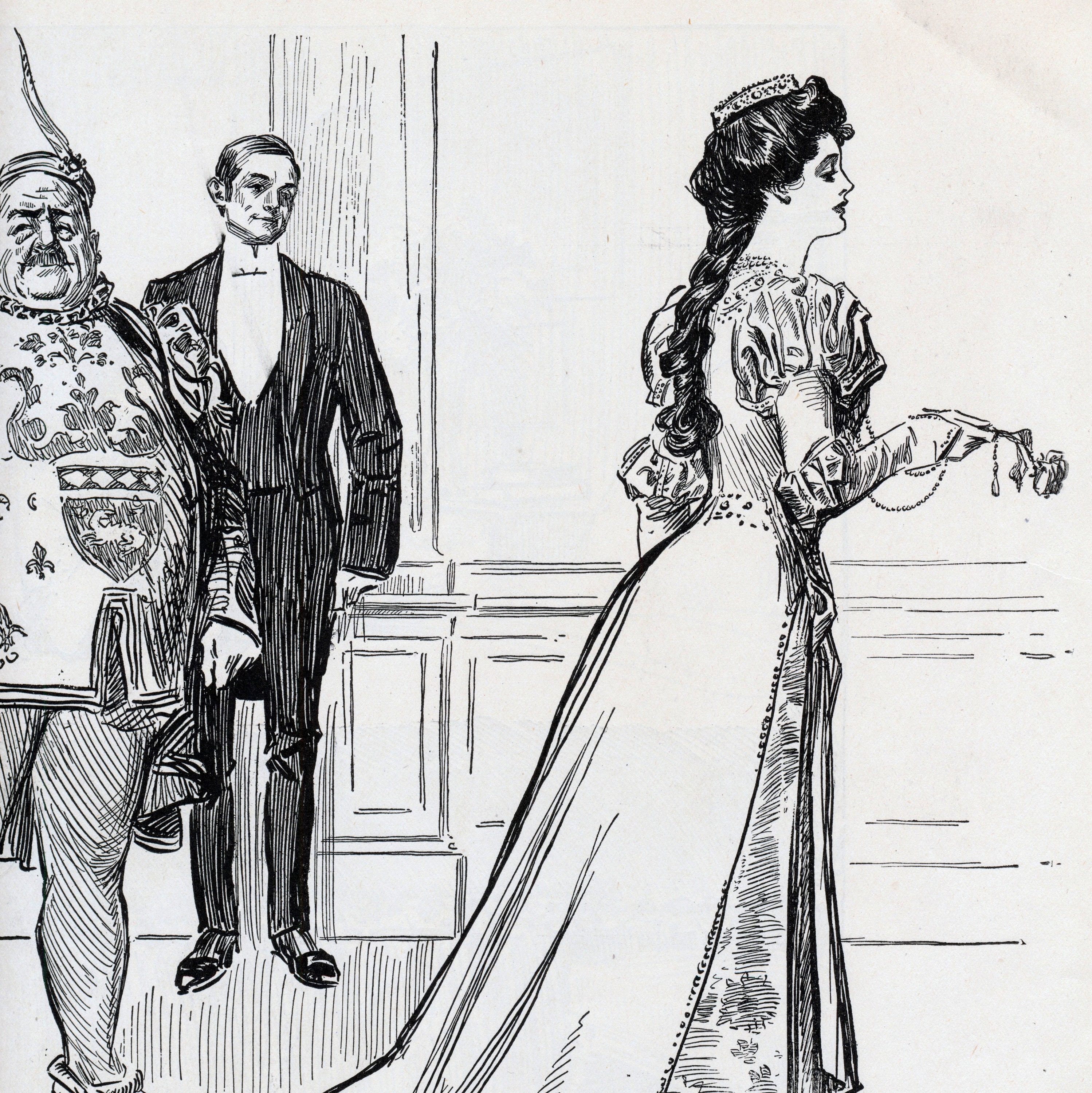 1906 Antique Gibson Girl Print - She Goes to the Fancy Ball as "Juliet" - Humorous 1906 Antique Charles Dana Gibson Print