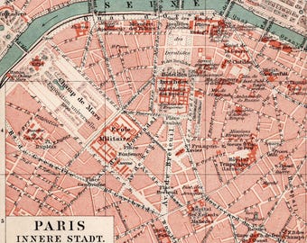 May include: A vintage map of Paris, France, with a red and white color scheme. The map includes the Seine River, the Eiffel Tower, and the Champ de Mars. The text "PARIS INNERE STADT" is at the bottom.