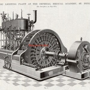 Op de afbeelding: Een zwart-witte illustratie van een grote industriële machine met een groot wiel en een kleiner wiel. De machine is gelabeld "Electric Lighting Plant at the Imperial Medical Academy, St. Petersburg."