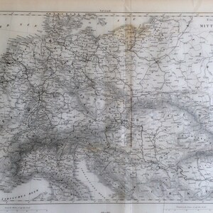 1851 Vintage Landkarte von Mitteleuropa - Antike Eisenbahn Karte - Alte Landkarte von Mitteleuropa - schwarz weiß Karte