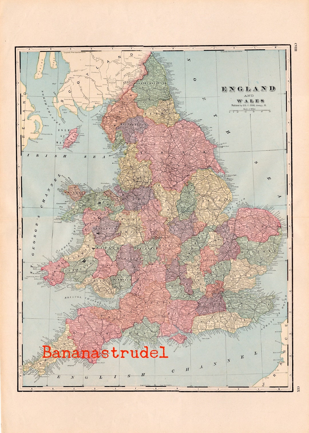 Large Antique Map of England and Wales - Poster-sized - Published 1906 ...