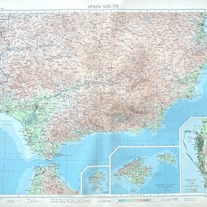 Carte vintage du sud de l'Espagne - Grande carte de 1958 - Ibiza - Îles Baléares - Majorque - Majorque - Gibraltar