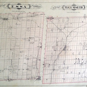 May include: A vintage map of Essa and Tecumseth Townships in Ontario, Canada. The map is printed in black and white on a cream-colored paper. The map shows the location of roads, rivers, and other features. The map also includes the names of towns and villages.