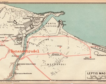 Antique Map of Leptis Magna, Libya - Published 1929