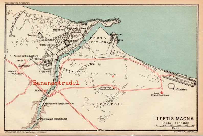 Antique Map of Leptis Magna, Libya Published 1929 image 1