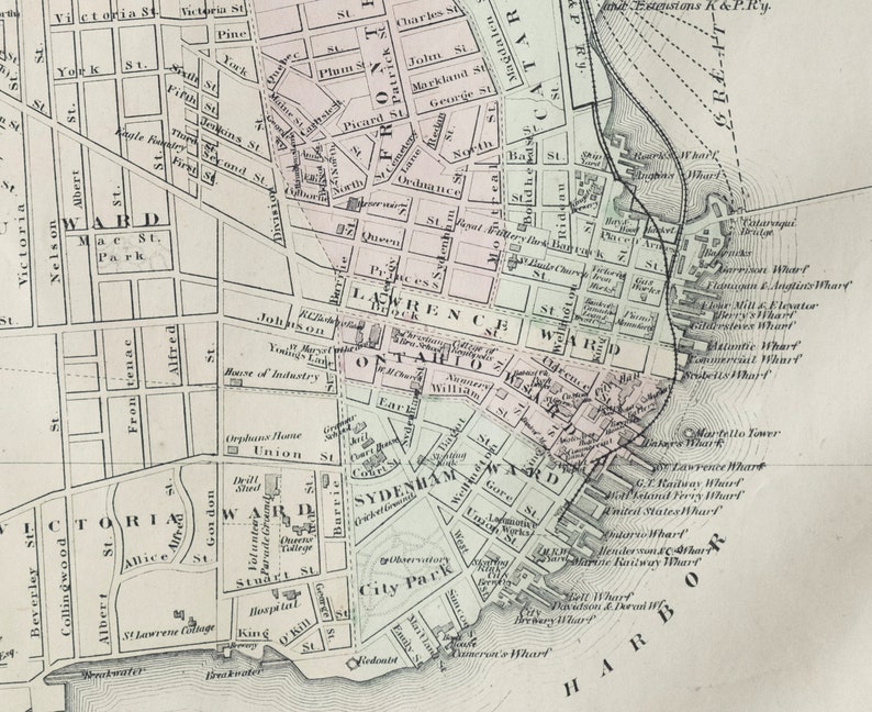 Canada Vintage Hand Coloured Kingston Street Map 1875 Rare Antique Map of Kingston Ontario LDN