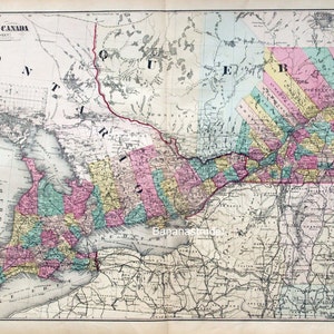 1878 Rare grande carte antique coloriée à la main du Dominion du Canada, feuille de l'Ouest (Ontario et Québec)