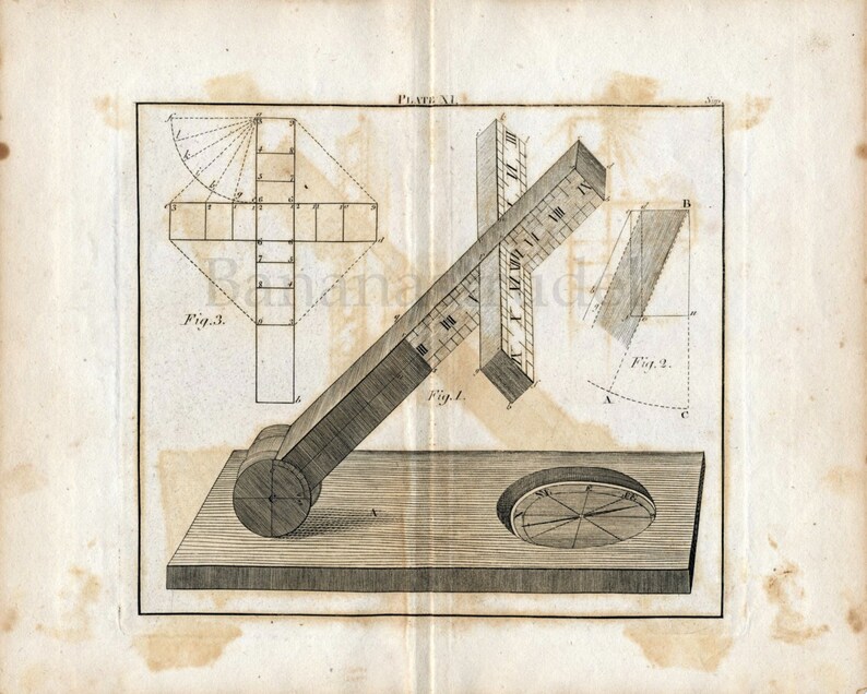 1806 Rare Antique Copper-engraved Print showing a Sundial. Plate XI image 4