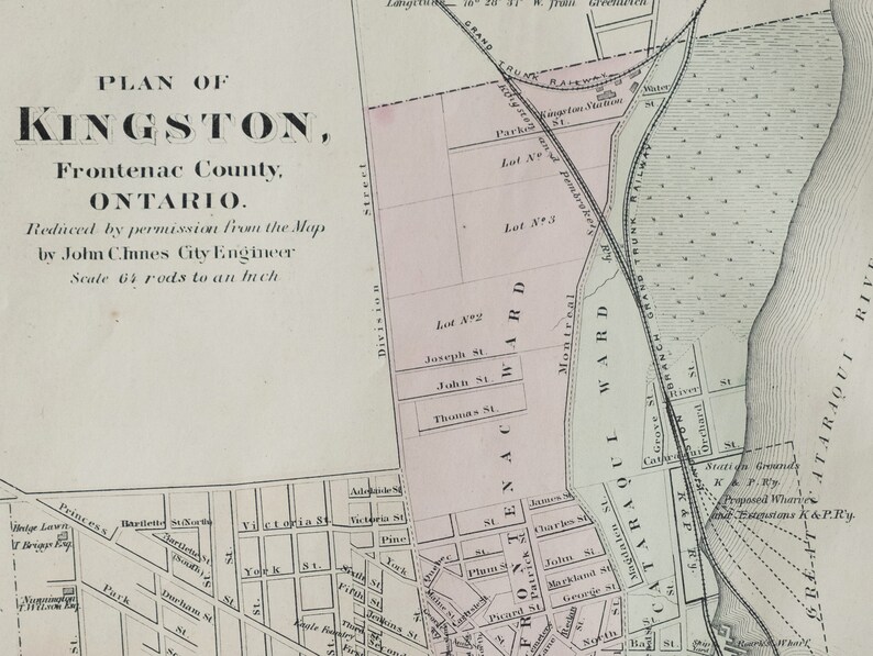 Canada Vintage Hand Coloured Kingston Street Map 1875 Rare Antique Map of Kingston Ontario LDN