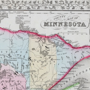 Carte du Minnesota antique coloriée à la main en 1867