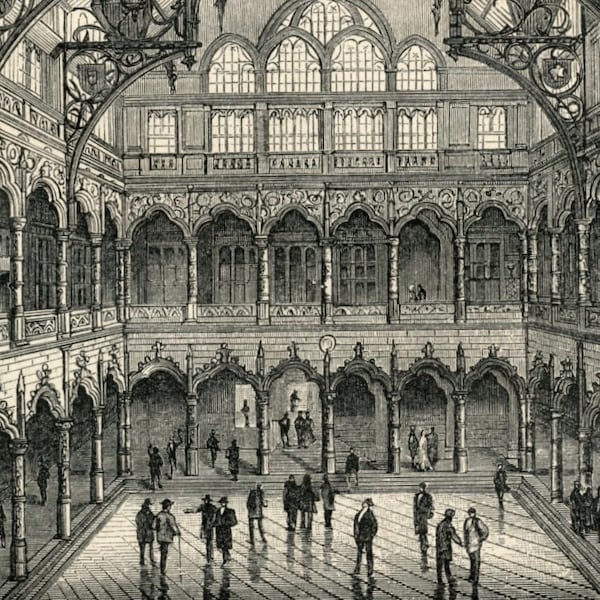 1897 Back-to-back German Engraving of Stock Exchange Buildings