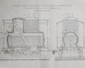 1879 Large Antique Engineering Drawing - Fireless Locomotive- Two-page Technical Illustration - October 17, 1879