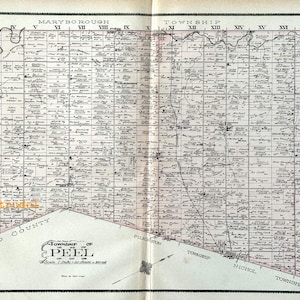 Rare grande carte vintage de 1906 du canton de Peel, comté de Wellington, Ontario