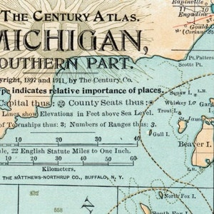 Peut inclure: Carte ancienne du sud du Michigan, extraite de The Century Atlas. Elle présente des noms de lieux, des courbes de niveau et une échelle de 22 miles anglais pour un pouce. Copyright 1897 et 1911.