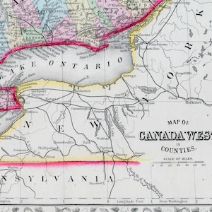 1867 Antike handkolorierte Mitchell Karte von Süden von Ontario Kanada West Oberkanada