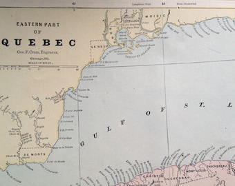 Large Antique Map of Quebec, Canada - Eastern Part - 1888 Double Page map