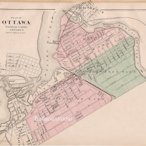 Rare carte ancienne d'Ottawa, Ontario, 1875 - carte des rues d'Ottawa coloriée à la main vintage - comté de Carleton