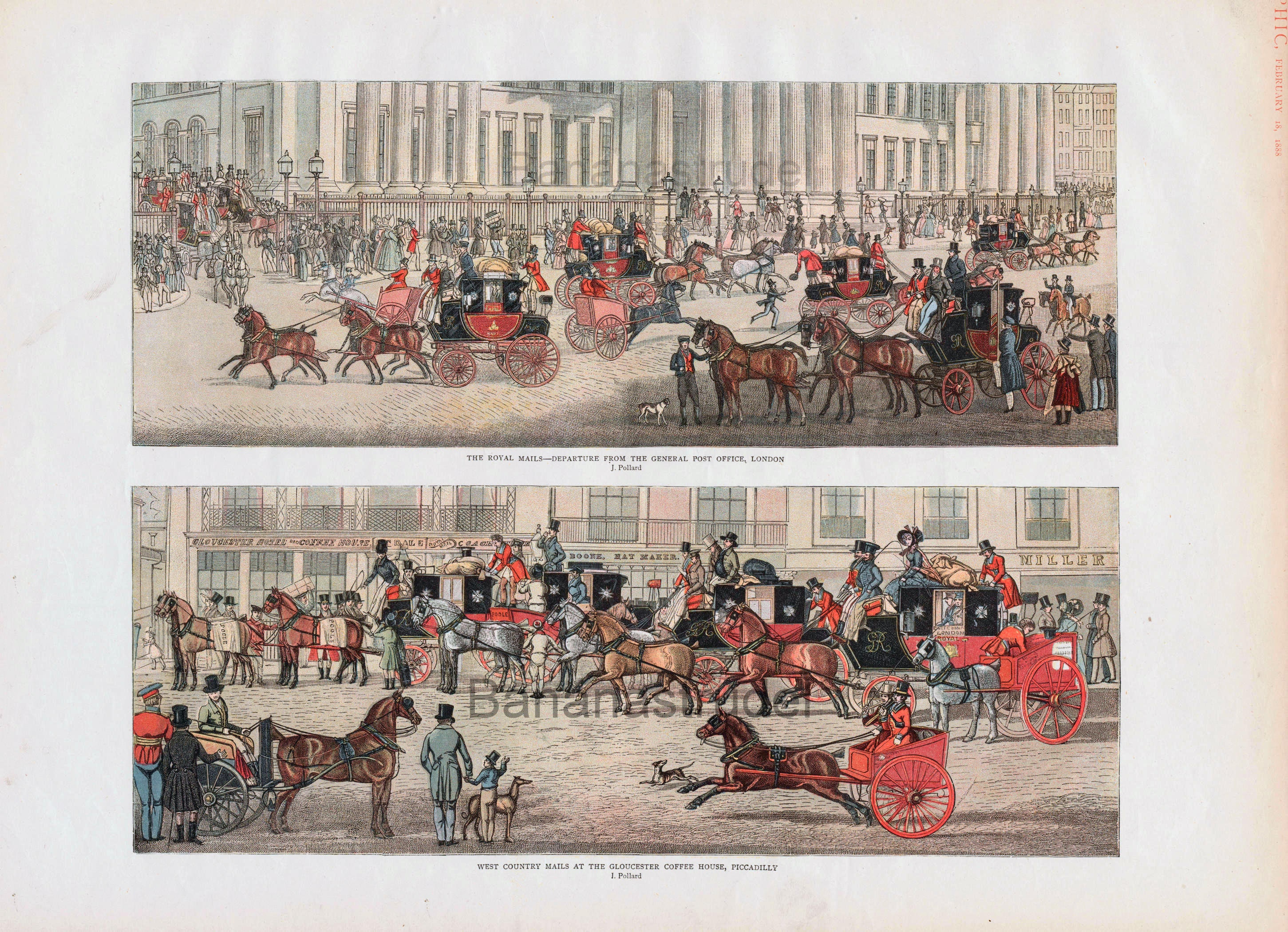 1888年 大型希少アンティークカラープリント - 郵便馬車 - 郵便