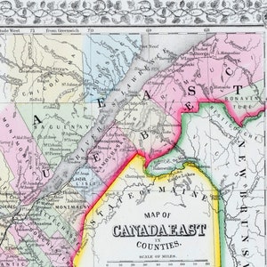Ancienne carte Mitchell coloriée à la main de 1867 représentant le Québec, Canada - Canada-Est