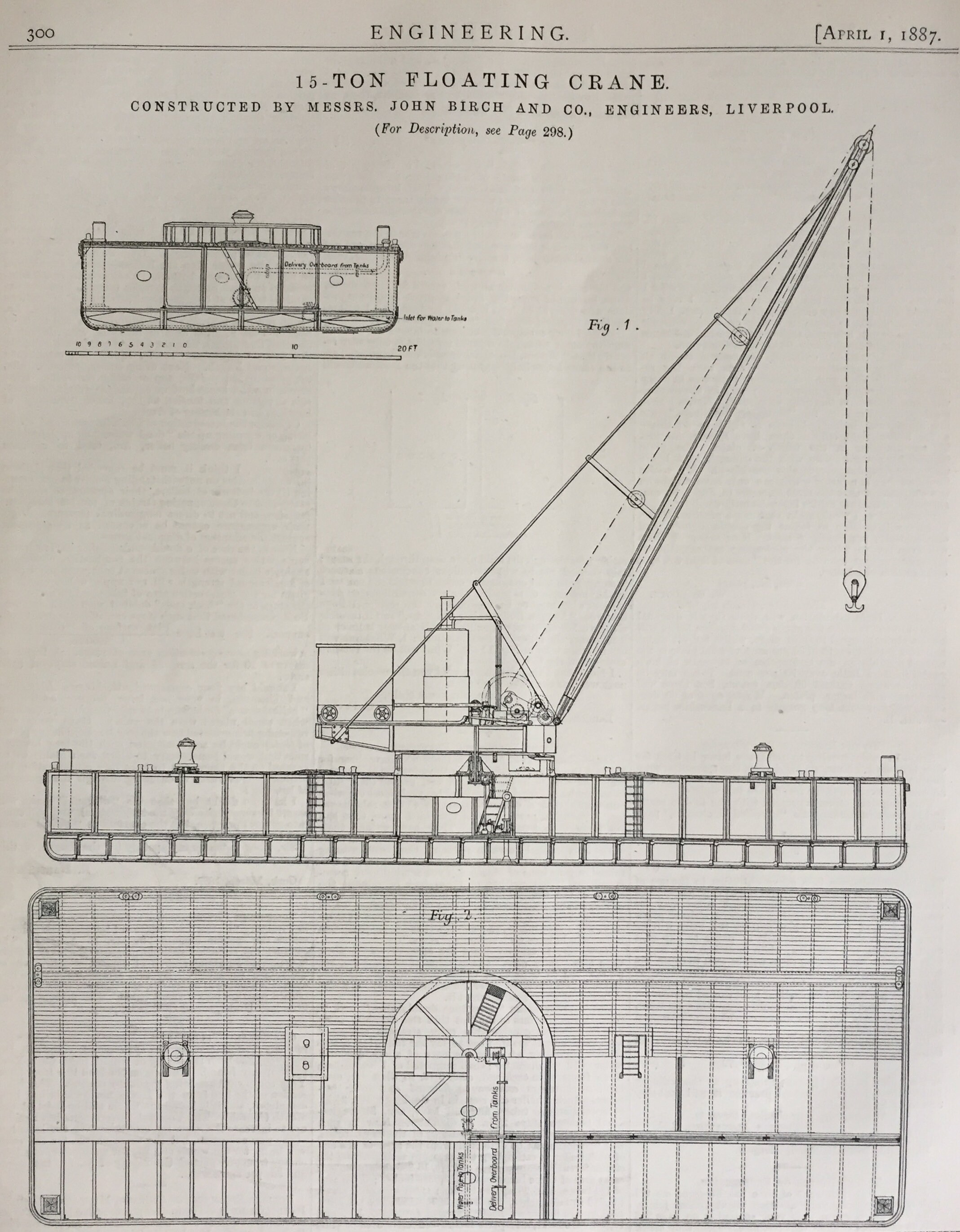 1887 Antique Print of a Floating Crane - Technical Drawing - April 1, 1887