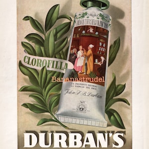 1954 Vintage italienische Werbung für Durbans Zahnpasta - Clorofilla - Bruno Bellesia Artwork - Retro 1950er Jahre Werbung
