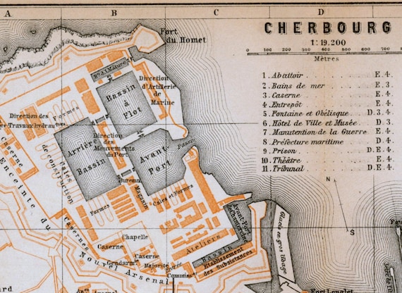 フランス、シェルブールのアンティーク地図 - 1902 年のヴィンテージ